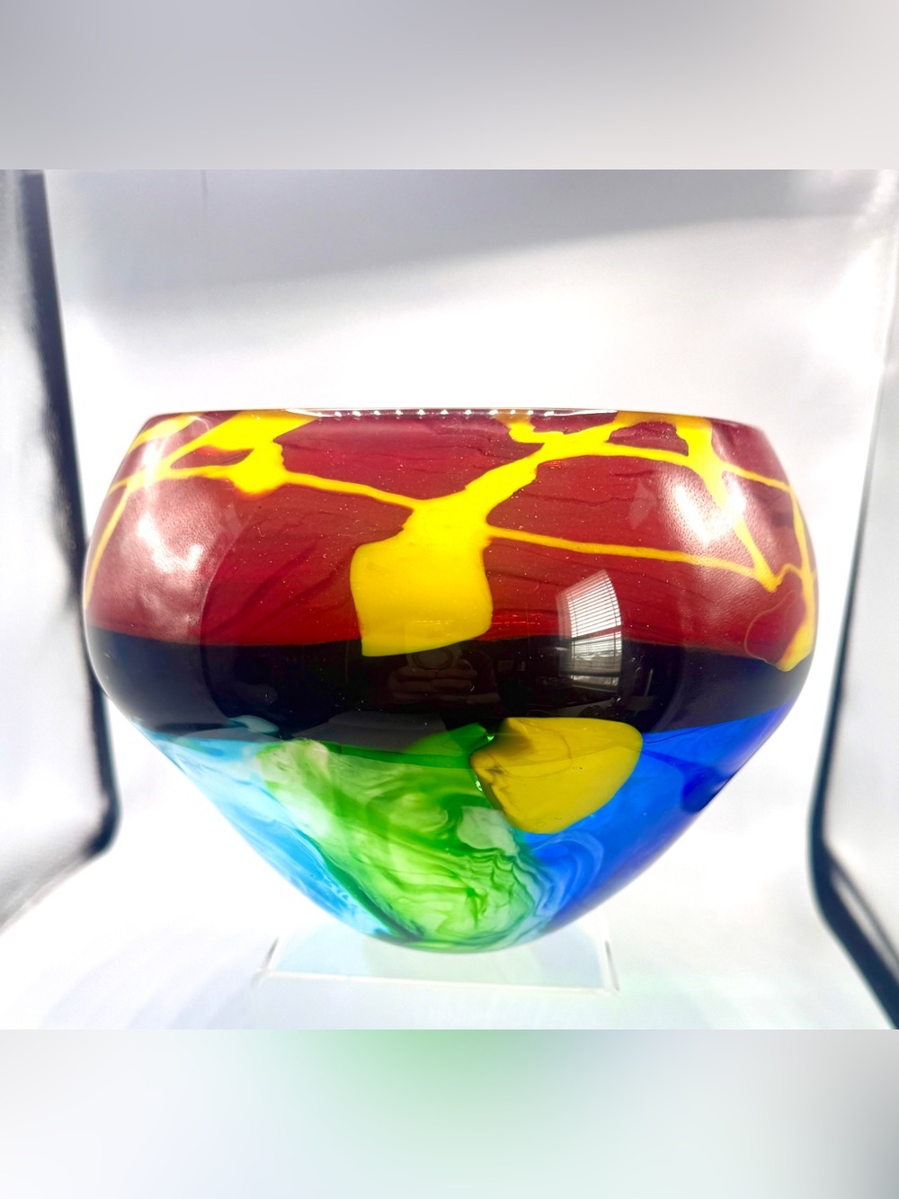 Handmade VTG Multicolor Murano Style Art Glass Swirl Bowl-Vase, Glossy Finish